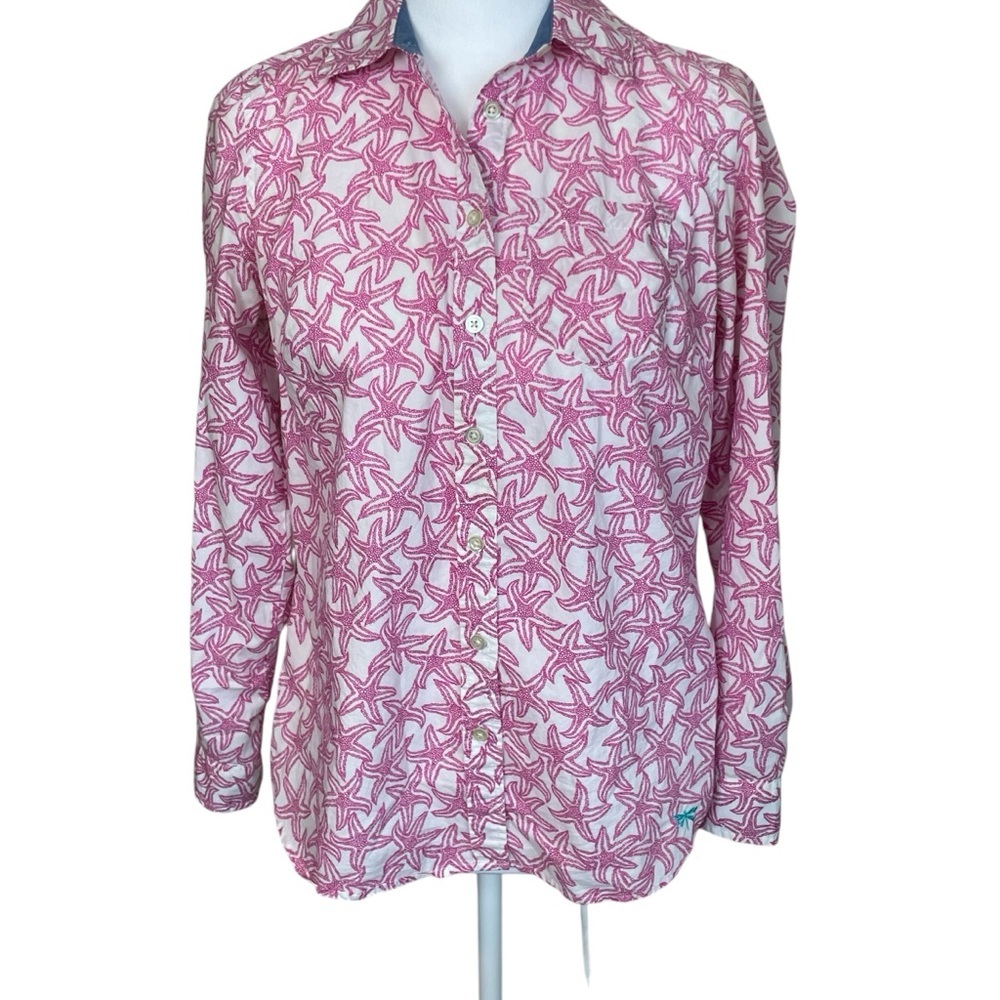 TALBOTS Petite Small White Pink Starfish Print Top Blouse Button Roll-Tab Cotton